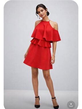ASOS Red Ruffle Skater Mini Dress High Neck Cold Shoulder Size 0